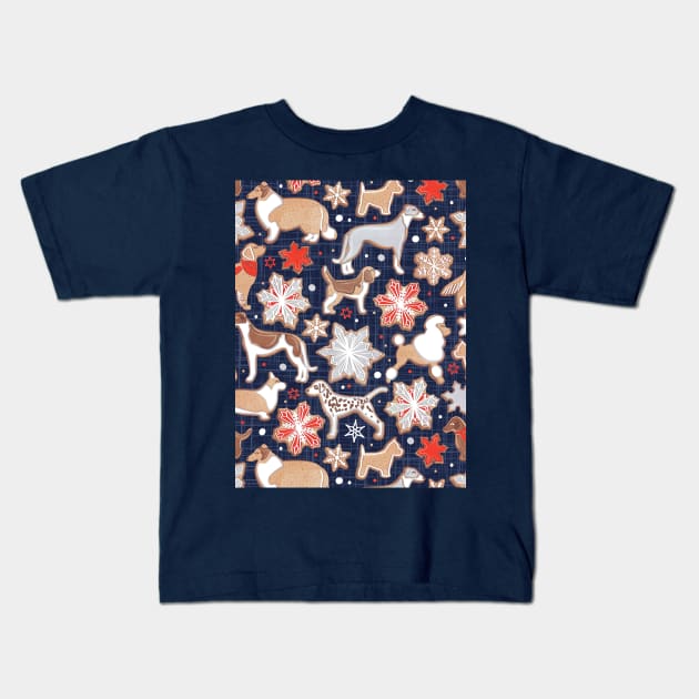 Catching ice and sweetness // pattern // navy blue background gingerbread white brown grey and dogs and snowflakes neon red details Kids T-Shirt by SelmaCardoso